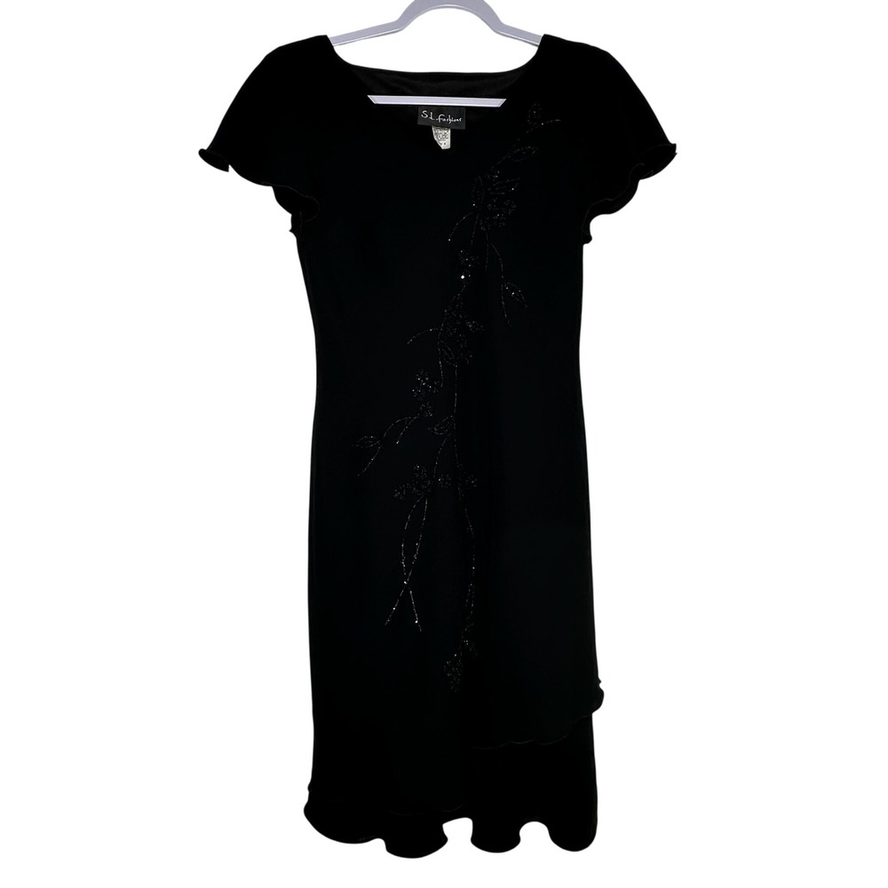 SL Fashions Womens Black Beaded Floral Layered Dress Short Sleeve Size‎ 6